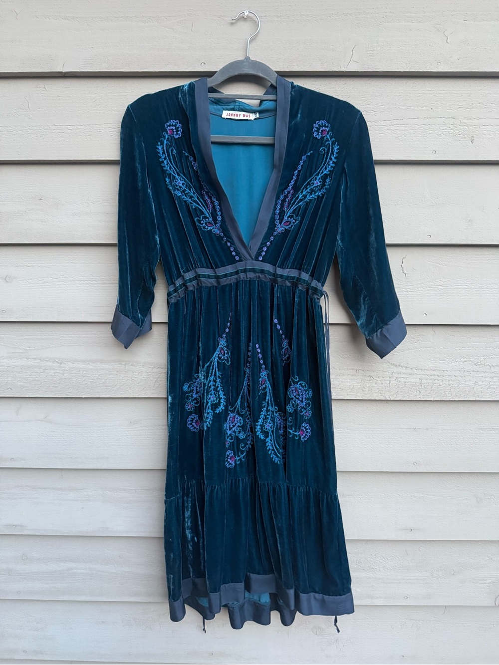 Johnny Was Teal Silk Velvet Embroidered Dress - XS